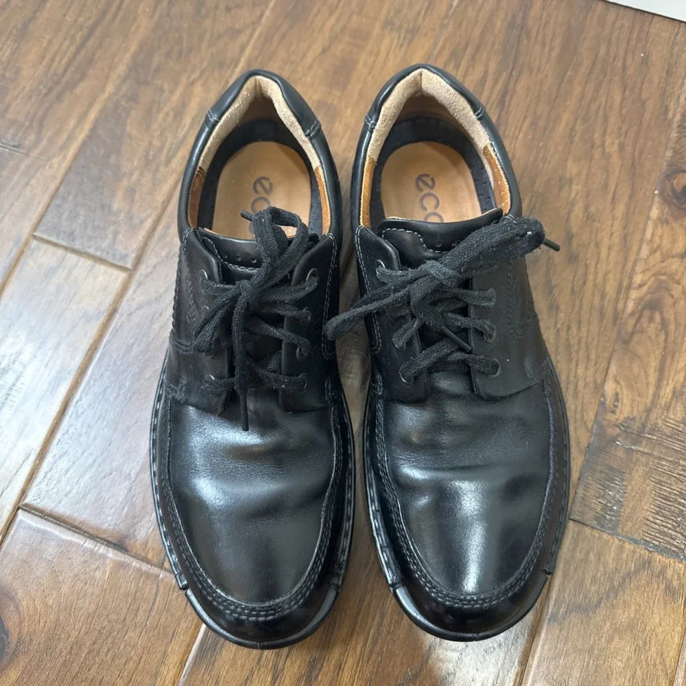 ECCO Leather Moc Oxford Men's 9 Black Comfort Dress Sneakers Lace Up Shock Point